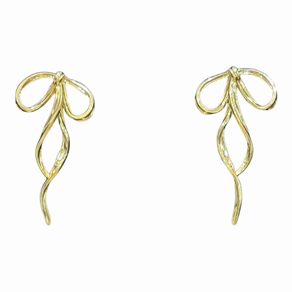 savvy Bling Jewelry - Savvy Bling Gold Tone Ribbon Bow Dangle Stud Earrings Elegant Minimalist
